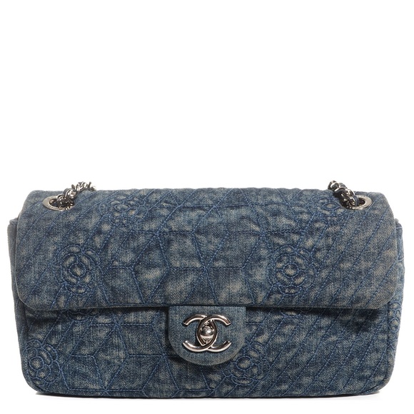 CHANEL  Denim Camellia Embroidered Flap Dark Blue - Picture 1 of 8